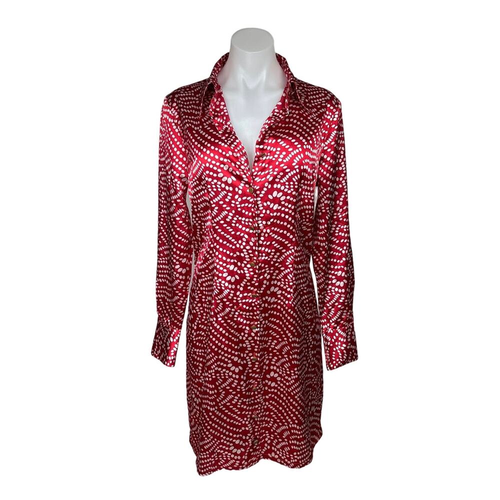 Vertigo Paris Red White Satin Mini Shirt Dress Collar Button down Long sleeve MD